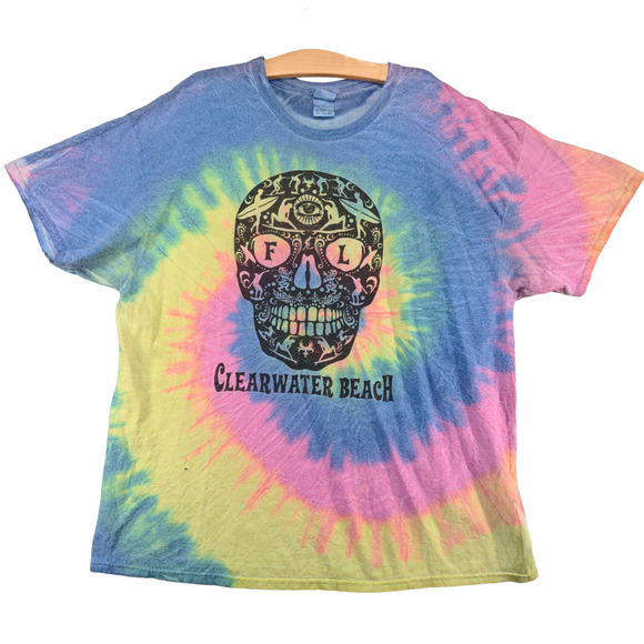 Colortone Men's Clearwater Beach T-Shirt Multi 2XL Tie Dye Sugar Skull Graphic - Picture 1 of 13